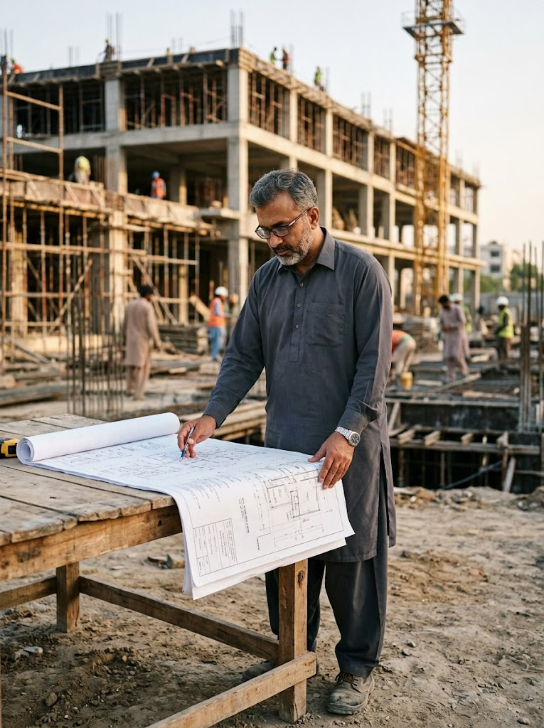 Site supervisor reviewing blueprints