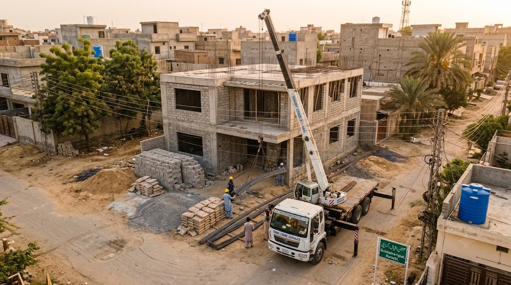 Crane and heavy machinery in operation