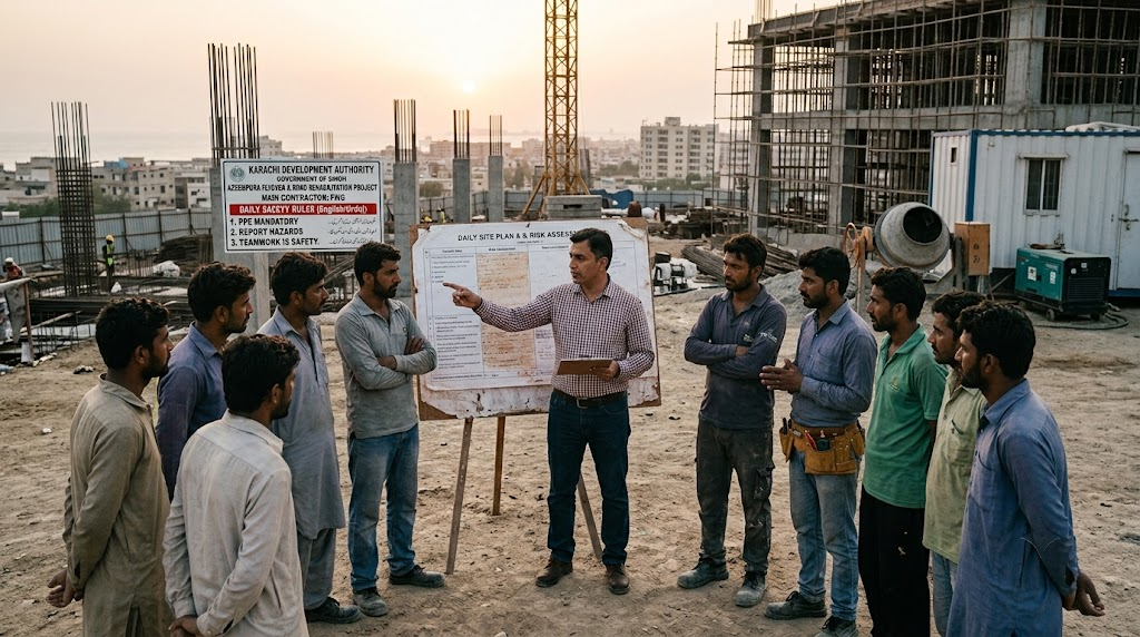 Workers receiving safety briefing